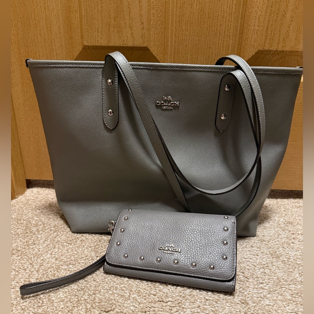 Coach Granite Gray Called City Zip Tote w/ Clutch Wallet
